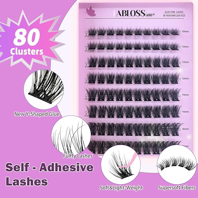 80pcs Self Adhesive Eyelashes Clusters 10-16mm-Fluffy Natural Press On Lashes Self Adhesive Lashes Clusters Lashes No Glue No Remover Clusters Kit with Tweezers