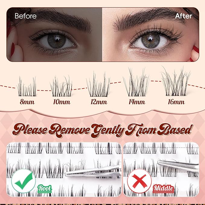 Lash Clusters 0.05mm PBT Fiber Eyelash Clusters, 0.1mm Superfine Invisiband D Curl Diy Lash Extension, 80pcs 8-16mm Individual Lashes Clusters Like Eyelash Extensions (Divine-D-8-16Mix)