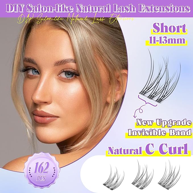 ALICE Natural Lash Clusters Kit Clear Band Wispy Lash Extension Kit Cluster Eyelash Extension Kit 162pcs C Curl 11-13mm Individual Lashes with Lash Glue Bond and Seal and Tweezers DIY at Home