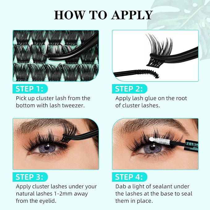 Lash Clusters Kit 168pcs Eyelash Extension Kit Cluster Lashes Natural Look with Lash Bond and Seal Waterproof, Lash Remover Eyelashes Tweezer with Wet Look Ultra-Thin Band Lashes(Tulip-Kit,D-10-18mm)