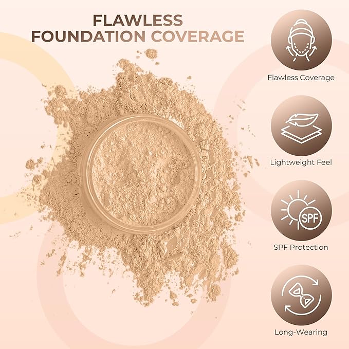 4pc Full Size Kit (Warm Shade) Mineral Makeup Matte Translucent Loose Foundation + Kabuki Brush + Concealer + Finishing Setting Powder + Bare Face Full Coverage SPF 30 All Skin Types Waterproof