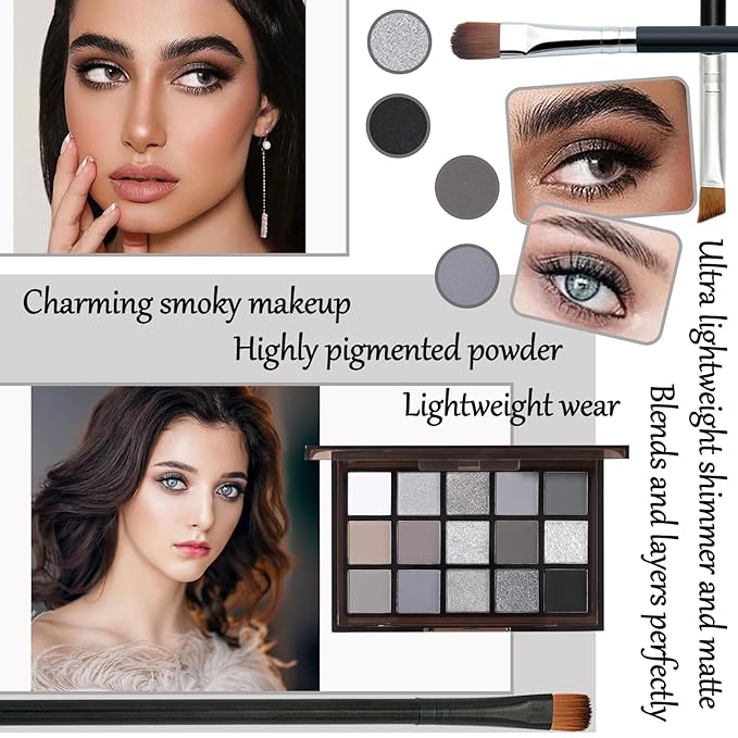 Black Grey Smoky Eyeshadow Palette,15 Colors Matte Shimmer Pigmented Eye Shadow Makeup Palette Set with 3 Eyeshadow Brushes,Glitter Eyeshadow Makeup Palette for Daily Halloween Goth Makeup(H)