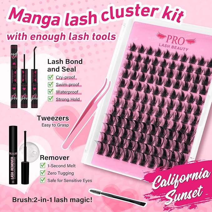 PRO LASHBEAUTY California Sunset Lash Clusters Kit Wispy Eyelash Clusters Lashes Natural DIY Lash Extension Kit Cluster Eyelash Extensions Kit Individual Lashes Cluster Eyelash (Sunset, 10-18mix)