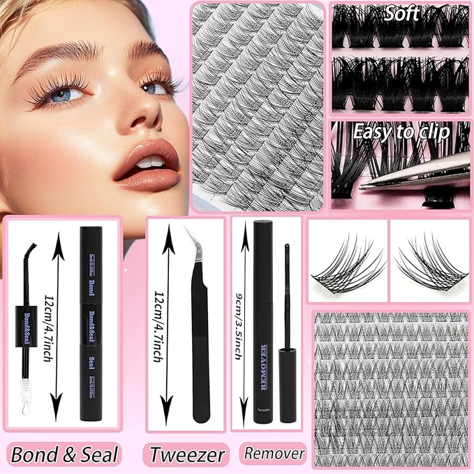 Lash Clusters Kit, Eyelash Clusters Individual Lash Extension Kit D Curl Fluffy Wispy False Eyelashes Extensions Thin Band with Bond Seal Tweezers Brush (SMY08-KIT)