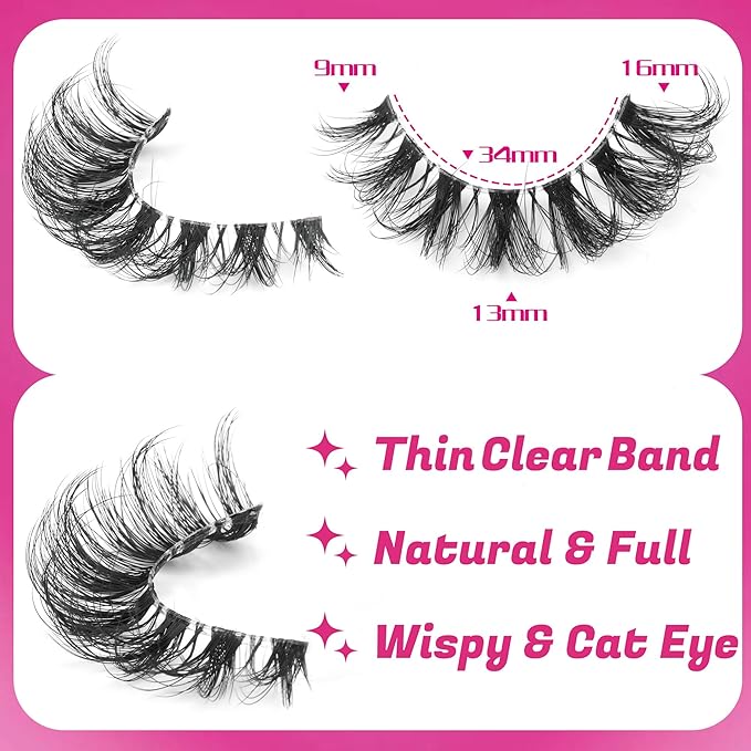 False Lashes Natural Look Fake Eyelashes Wispy Cat Eye Lashes Clear Band False Eyelashes 16MM Faux Mink Lashes Pack 7 Pairs by Ruairie