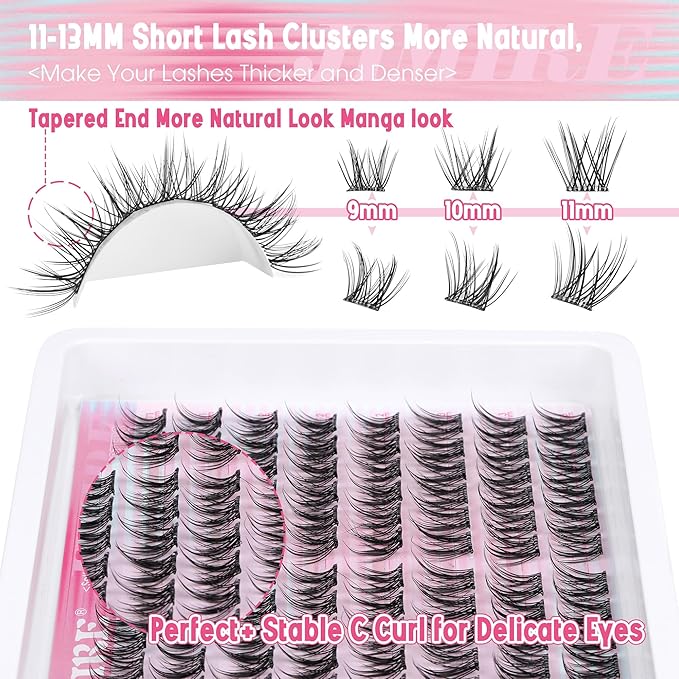 JIMIRE Manga Self Adhesive Eyelashes Natural Look 11-13MM Wispy Pre Glued Lashes Clusters Anime Press on Lash Clusters Reusable Self Adhesive Eyelash Clusters Quick to Wear