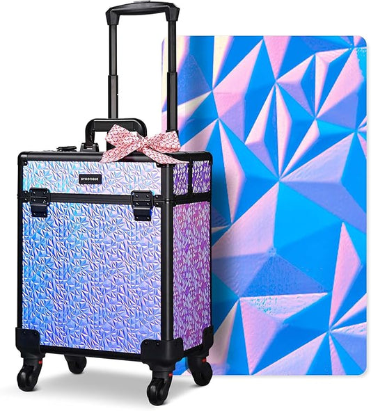 BYOOTIQUE Rolling Makeup Case on wheels Nail Traveling Organizer box False Eyelash Storage for Nail Technician Beauty Salon Barbershop Hairstylist,Mermaid Purple