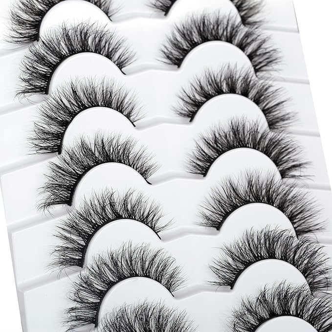 Pooplunch Natural False Eyelashes Cat Eye Look Wispy Clusters 8D Volume Fake Eyelashes Faux Mink Lashs Strips 7 Pairs Pack