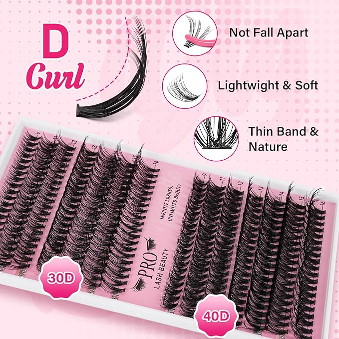 Lash Clusters Kit 280 Pcs Cluster Lashes 30D+40D Lash Extension Kit with Lash Bond and Seal Waterproof Lash Applicator Individual Lashes Apply at Home(30D+40D-9-16mix Kit)