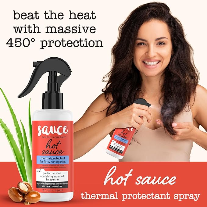 SAUCE BEAUTY Hair Heat Protectant Spray (8 Fl Oz) Hot Sauce Thermal Protectant Spray with Argan Oil, Aloe & Cayenne, Anti Frizz & Adds Shine, Blow Dry & Flat Iron Hair Spray for All Hair Types