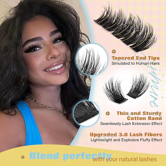 Fluffy Lash Clusters Kit Manga Eyelash Clusters Kit CD Curly Wispy Cluster Eyelash Extensions Kit with Bond and Seal Lash Glue 14-18MM Fluffy DIY Lash Extension Kit at Home by JIMIRE