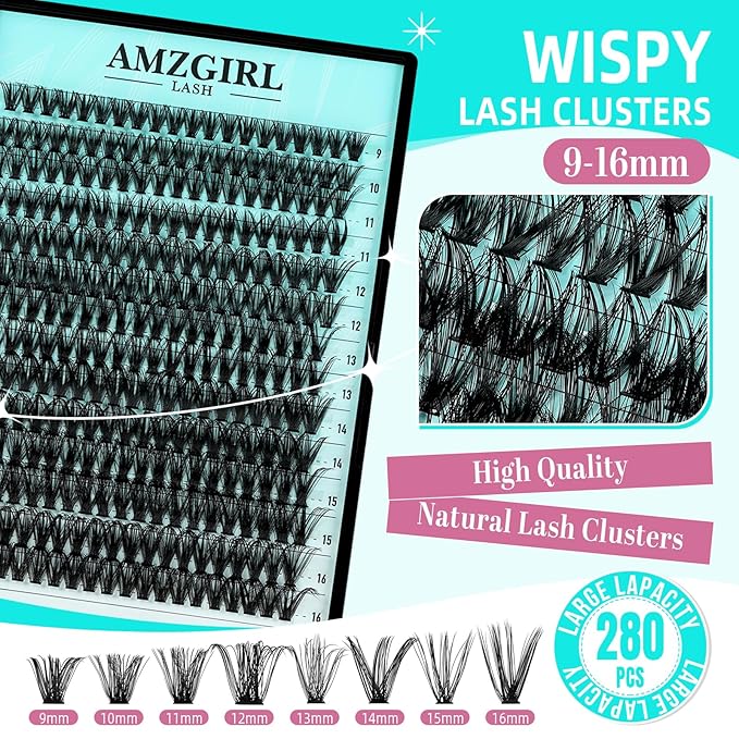 Lash Clusters Wispy 280PCS Eyelash Clusters 50D Lashes Clusters 9-16mm Cluster Eyelash Extensions Individual Lashes Soft Eyelashes Clusters with Thin Band False Eyelashes at Home(50D,D-Mix9-16mm)