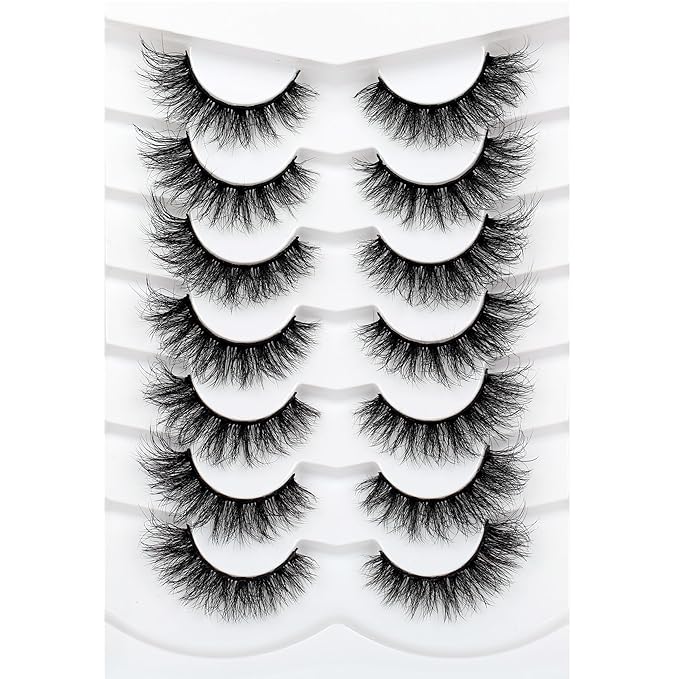 Pooplunch Cat Eye Lashes False Eyelashes Volume Thick Crossed 16MM Wispy Curly Fluttery Faux Mink Lashes 8D Fake Eyelash Strips 7 Pairs Pack