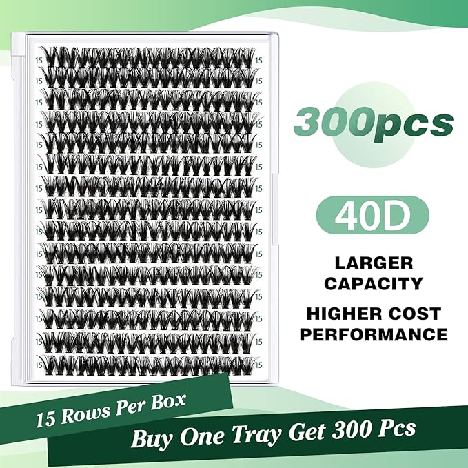 Lash Clusters 300pcs Individual Lashes 40D 0.07D Curl 15mm DIY Eyelash Extension KEYYOU Large Tray Volume Soft&Natural Cluster Lashes(40D-0.07D,15）