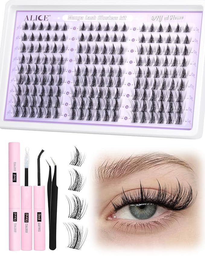ALICE Manga Lash Clusters Kit Natural Wispy Cluster Eyelash Extension Kit Anime Lash Extension Kit 162pcs Clear Band C-Curly 10-16mm Eyelash Clusters Kit with Lash Glue Bond and Seal