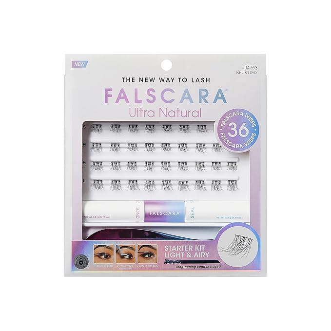 FALSCARA Ultra Natural False Eyelashes, Lash Extension Kit, Light & Airy Ultra Natural Volume Lash Clusters, 8mm-10mm-14mm, Clear Bond & Seal, Precision Applicator & 36 Lash Clusters