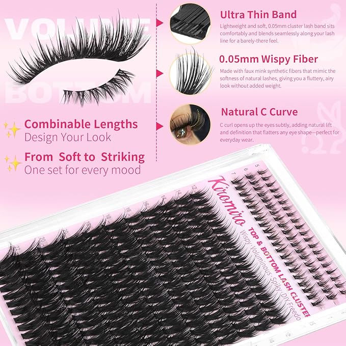Kiromiro Lash Clusters Kit, 258pcs Lash Clusters with Spikes 12-22mm Top & Bottom Eyelash Clusters Kit with Bond and Seal Fluffy DIY Clusters Lashes Extensions Kit