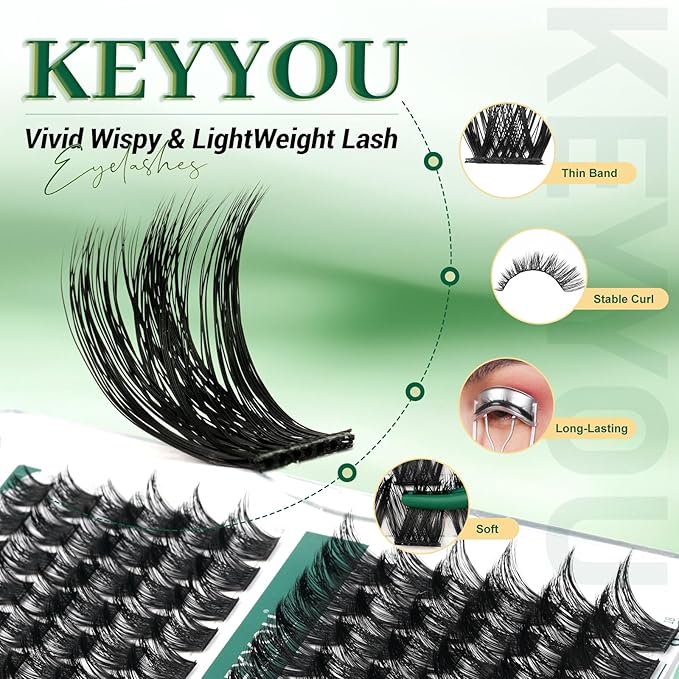 Lash Clusters 96pcs Eyelash Clusters Y02 D Curl 12mm Individual Lashes KEYYOU Volume Wispy Lash Extension Soft&Comfortable Easy DIY at Home(Y02,D-12mm)