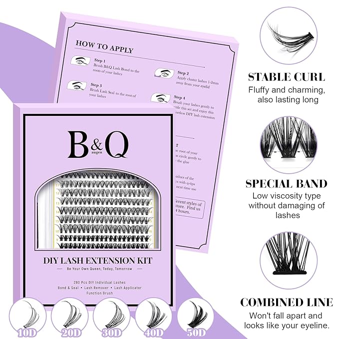 B&Q Lash Clusters Kit 280PCS Eyelash Clusters Kit,30D 50D D 9-16MIX Individual Lash Comfortable Eyelash Extension Set, Classic Look with Bond and Seal Waterproof, Remover DIY at Home(Set,30D50D)
