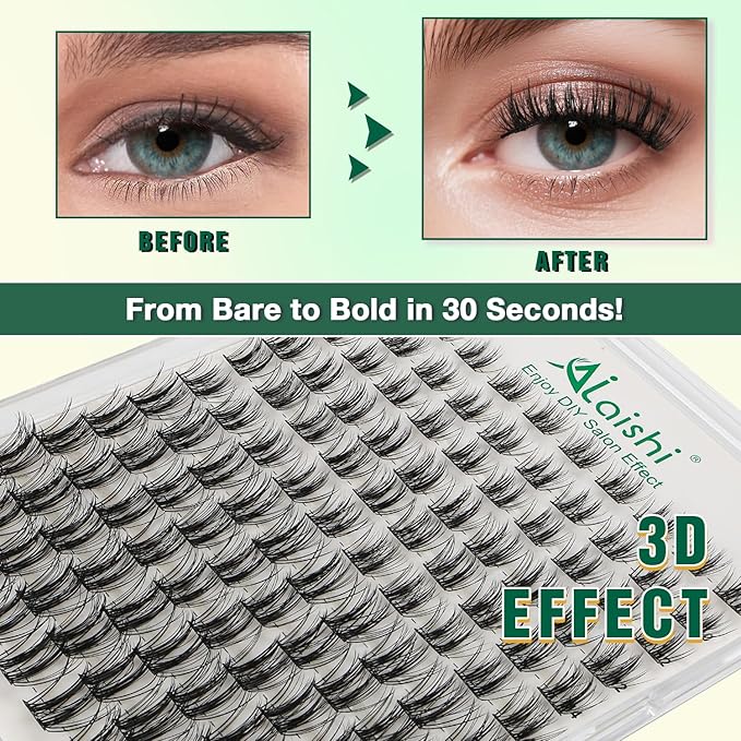 Lash Clusters Kit, DIY 3D Cluster Eyelash Extensions 10‑18mm,120pcs Fluffy D Curl Soft Natural Lashes with Bond and Seal,Remover,Tweezers,–Fake Cat Eye Wispy Individual Clusters MIX1-2-L