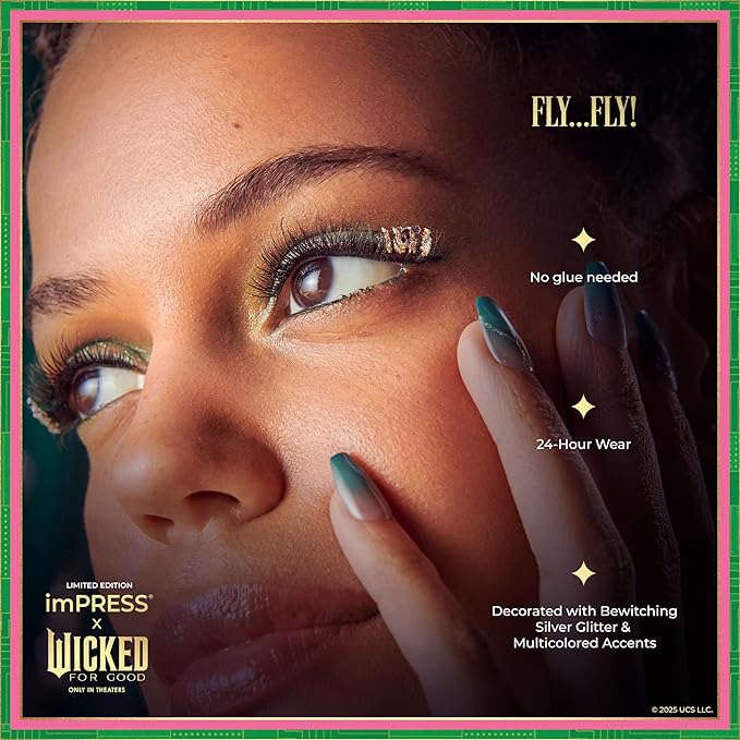 imPRESS X WICKED: FOR GOOD Press On Self Adhesive Eyelashes, ‘Fly…fly!’, 8mm-10mm Natural Volume Press On Lashes, Silver Glitter, 12 Lash Clusters & Non-Stick Mini Applicator