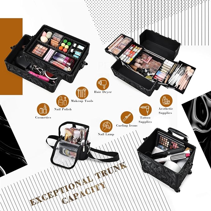 Stagiant Rolling Makeup Case 4 in 1 Cosmetology Case on Wheels Makeup Travel Case with Cosmetic Bag Key Swivel Wheels Salon Barber Case Traveling Cart Trunk Cosmetic Trolley Alpine Black