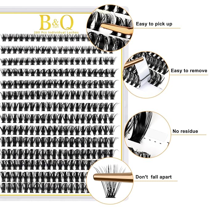 B&Q Lash Clusters 280PCS Natural Eyelash Clusters, 50D D 11mm Individual Lash Wispy Eyelash Extension with Soft Thin Band, Classic Look Pestañas Postizas Comfortable DIY at Home(50D-D-11)