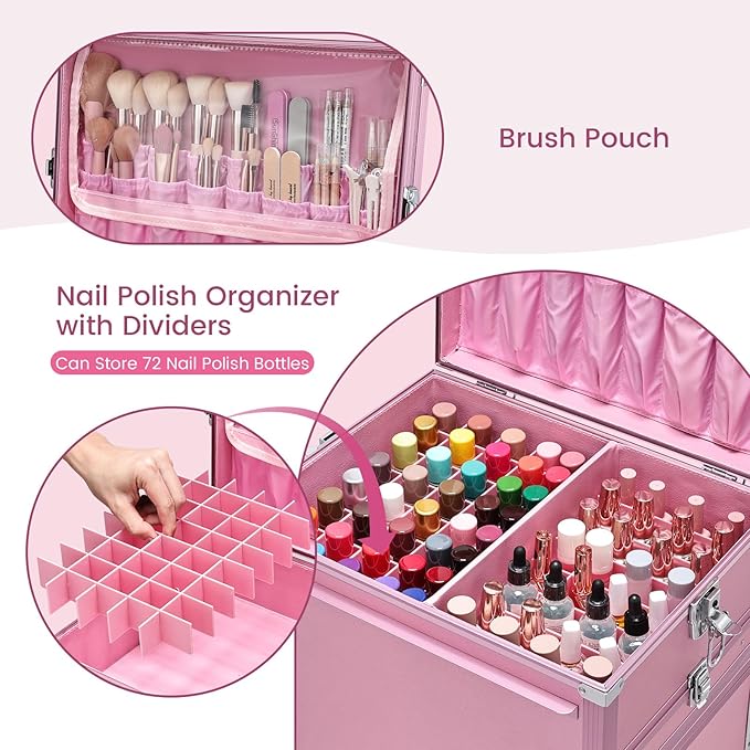 Joligrace Rolling Manicure Table 5 Drawers Foldable Nail Desk Cosmetology Case on Wheels Makeup Case with Brush Pouch for Technician Workstation Mobile Makeup Artist Trolley, Shiny Pink