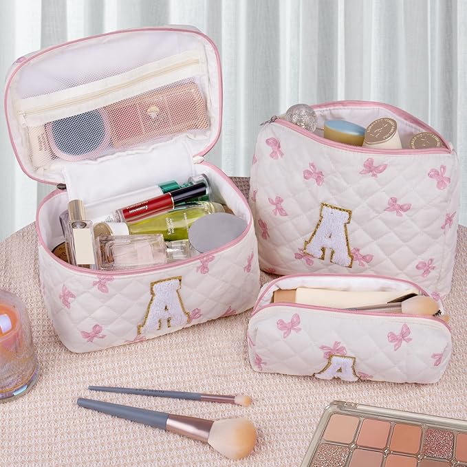 Initial Makeup Bag Set, Personalized Quilted Makeup Bag, Large Floral Cosmetic Bag for Women, Cute Cotton Custom Make up Bags, Flower Travel Toiletry Bag Teen Girl Gift Pink Butterfly E