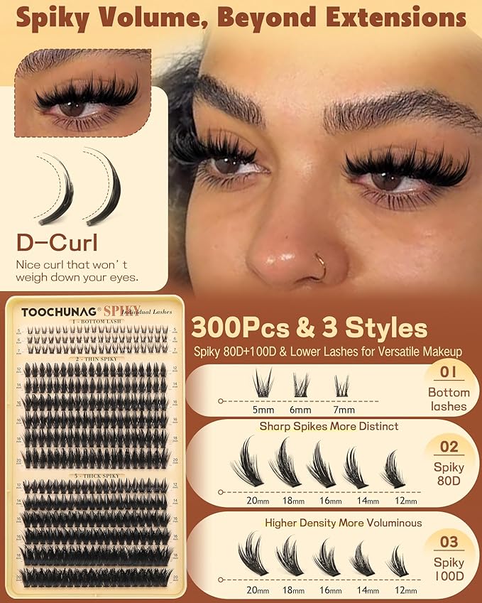 Spiky Manga Lash Clusters 12-20mm Long Eyelash Clusters 80D+100D Cluster Eyelash Extensions with Bottom Lashes Individual Fairy 300pcs Thick Volume DIY Plume Flake Cluster Lash Extension by TOOCHUNAG