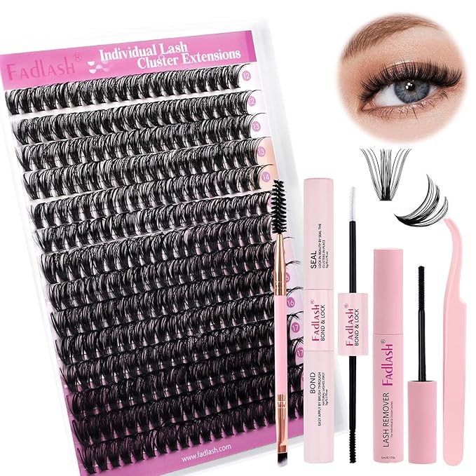 FADLASH DIY Lash Extension Kit Individual Lashes Cluster D Curl Eyelash Extension Kit D Curl Lash Clusters Lash Applicator Tool for Self Application at Home(KIT 50D-D-12-18mm)