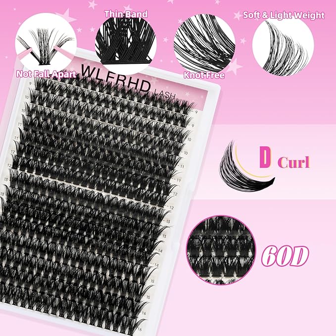 Lash Clusters Kit 320 Pcs DIY Individual Cluster Lashes D Curl Lash Extension Kit with Eyelash Bond and Seal, Remover, Tweezers Applicator Tool for False Eyelash Cluster Kit(60D, Mix9-16mm Kit)