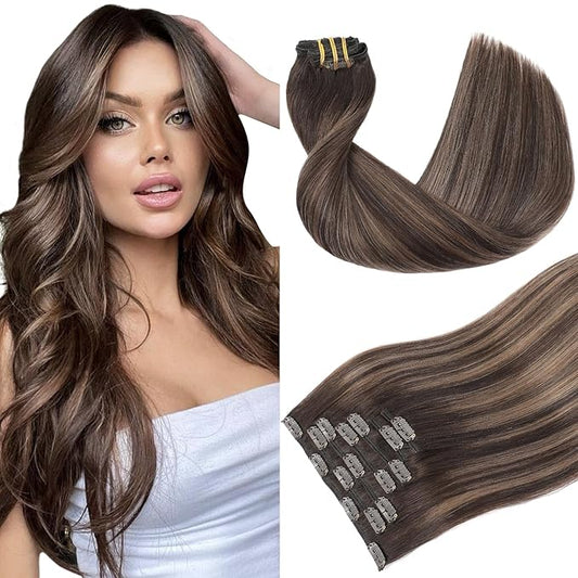 Youngsmile Clip in Hair Extensions Real Human Hair, Human Hair Clip in Extensions, Silky Straight Double Weft, 18 Inch 120 Gram 7 Pcs,Balayage Dark Brown to Chestnut Brown (CLIP#2/6/2-18Inch)