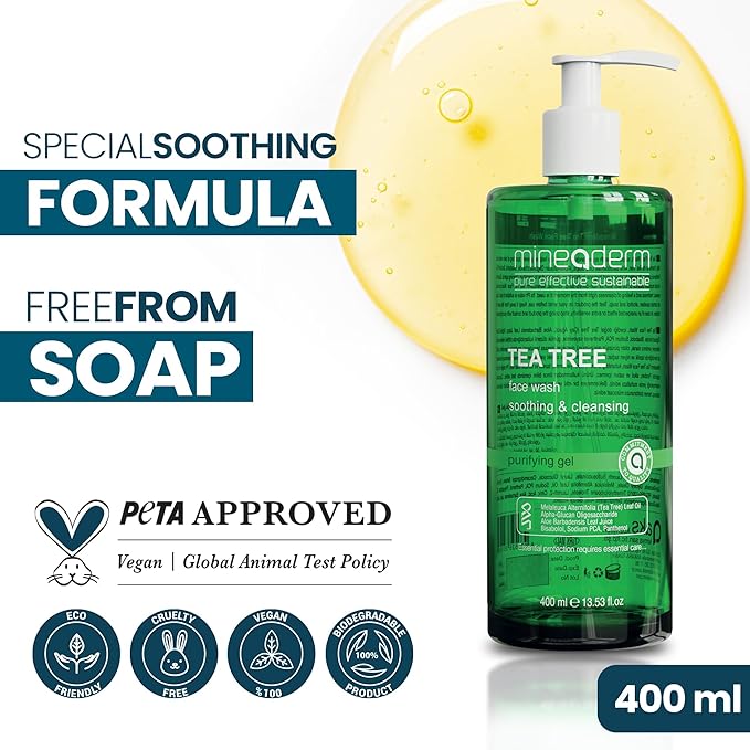 Tea Tree Face Wash for Acne-Prone Skin – Purifying Cleanser with Aloe Vera, Panthenol & Bisabolol – Fights Acne & Controls Oil – Gentle Daily Gel Wash – 400ml