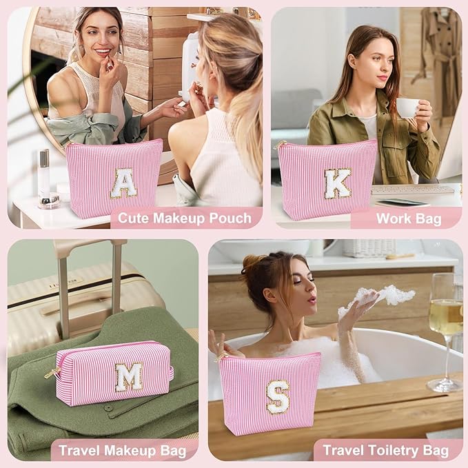 YOOLIFE Cute Pink Initial Make Up Bag Travelling, Personalized Makeup Bag with Zipper Cosmetic Makeup Pouch Travel Accessories Birthday Gift Friends Female Mom Teacher Sweet 16 Gifts Daughter Gifts W