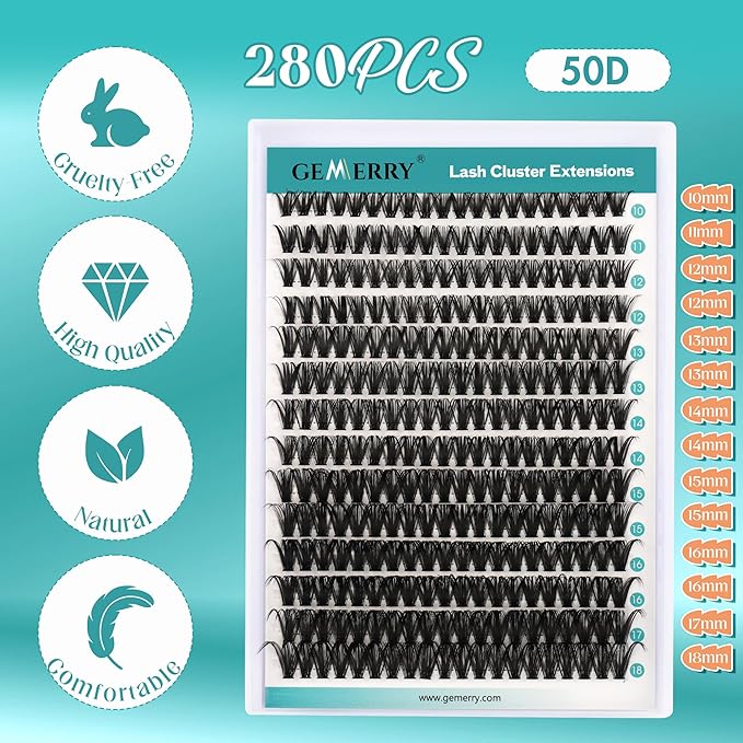 GEMERRY Lash Clusters 280pcs 50D DIY Eyelash Extension D Curl Individual Lash Cluster Natural Eyelash Extension Mixed Tray Reusable Handmade Home Application (50D-0.07D-10-18MIX)