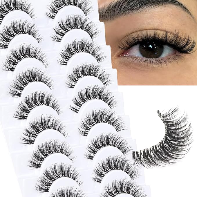 Veleasha Natural Lashes Wispy Eyelashes Soft False Eyelashes with Clear Band Looks Like Lash Extensions CC Curl Strip Lashes 10 Pairs Pack (Soft Whisper)