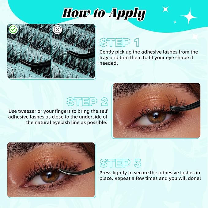 120PCS Self Adhesive Eyelashes Natural C Curl 8-16mm Self Adhesive Lash Clusters,No Lash Glue Needed,Impress Lashes Wide Stem Lashes Extension