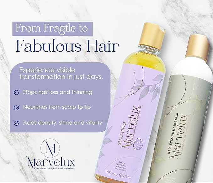 MARVELUX hair care kit with onion shampoo and cauterizing mask: complete system to strengthen hair, deep repair treatment for damaged hair, sulfate-free, growth and shine (500 ml, onion).