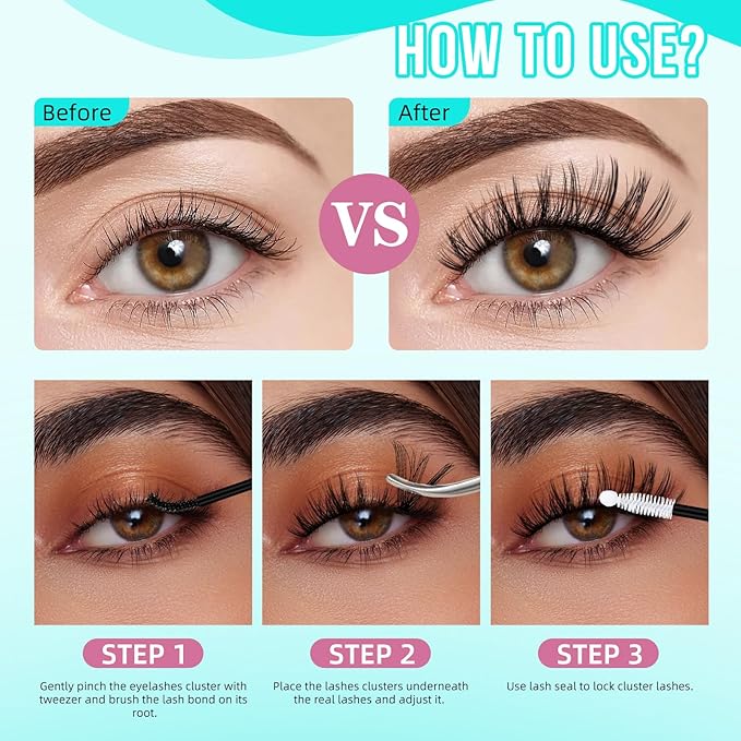 Lash Clusters 200pcs, Eyelash Extension Kit 40D D Curl Diy Cluster Eyelashes Extensions Lash Bond and Remover Waterproof Lash Applicator Tools for 8-18mm Mix Lashes Beginner Self Use
