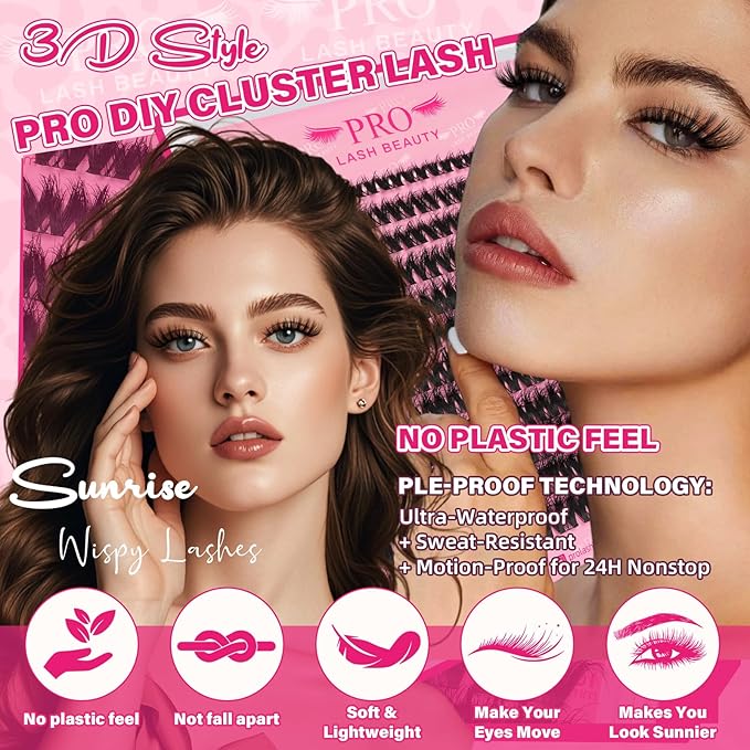 PRO LASHBEAUTY Wispy Lash Clusters Kit with Eyelash Clusters Lash Bond and Seal Eyelash Applictor Lash Remover Lash Extension Kit for Beginner Waterproof Resuable Lashes at Home (Sunrise,8-16mix)