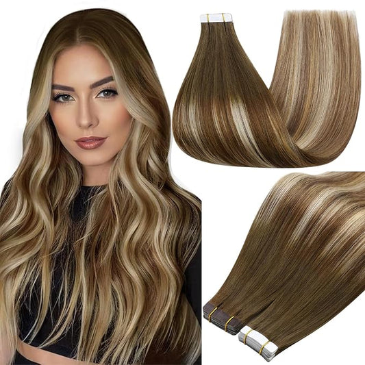 Full Shine Brown And Blonde Tape in Hair Extension Real Remy Natural Color 4 Brown Ombre 27 Blonde And 8 Brown Highlight 60 Invisible Tape in Human Hair Extension 16Inch for Women Add Volume 50G 20Pcs