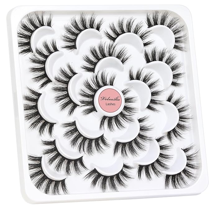 Veleasha Lashes 10 Pairs Natural Fluffy False Eyelashes Soft Wispy Lashes 3D Faux Mink Lashes Pack (V07)