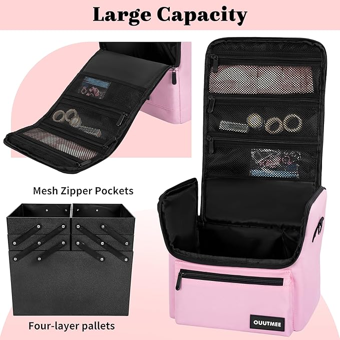 Makeup Travel Train Case, Black Makeup Carrying Organizer Bag, 4 Tier Professional Organizer Case with Straps Pockets for Make Up Tools
