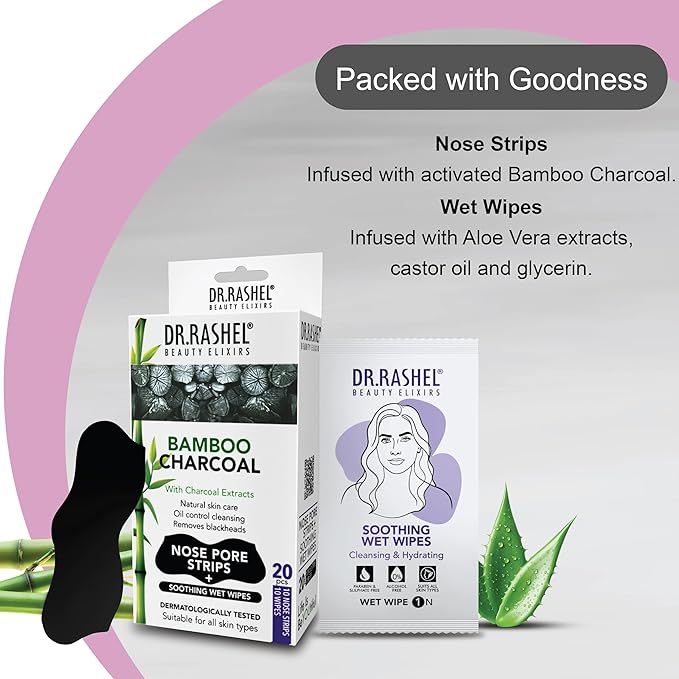 DR.RASHEL Charcoal Nose Pore Strips For Pore Cleansing, Instant And Painless Blackheads Removal | Deep Purifying Blackhead Remover Strips for Nose | 20 PCS (10 Strips & 10 Wipes)