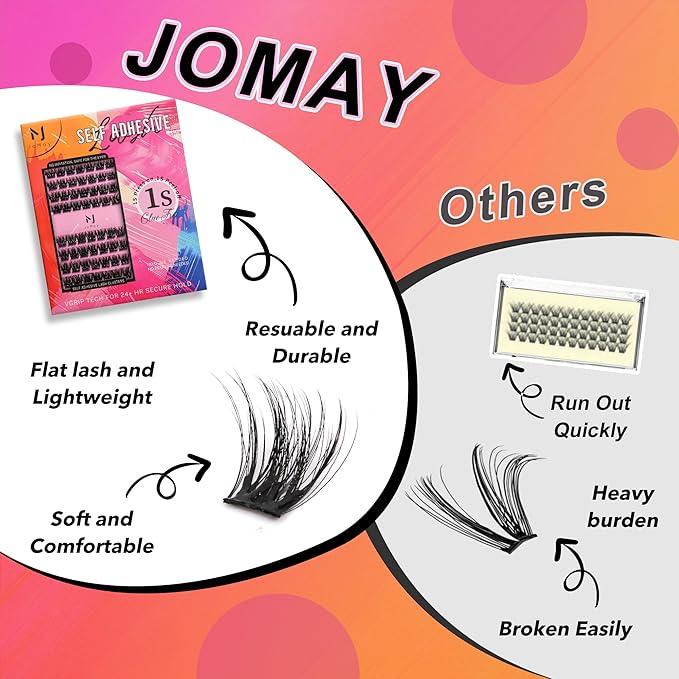 JoMay Self Adhesive Flat Lashes Clusters, Press On No Glue Needed Natural Look, Pre-Glued Eyelash Cluster Extensions, Stick On Lashes Easy Eyelashes For Beginners DIY 56PCS - D Curl Ultra Soft X5