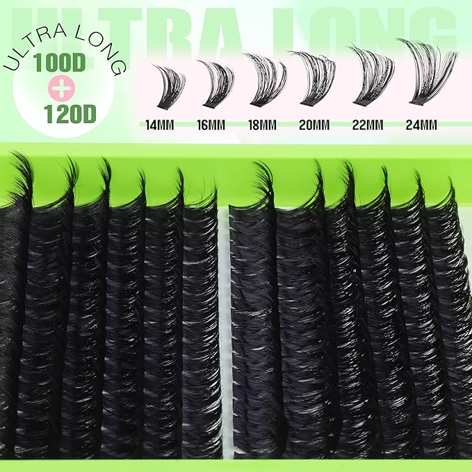 Mega Volume Lash Extensions Kit 14-24MM Long Eyelash Extension 100D 120D Lash Clusters Russian Indvidual Lashes DIY at Home D-Curly Eyelash Individuals Lash Bond and Seal Kit (216 Pcs)