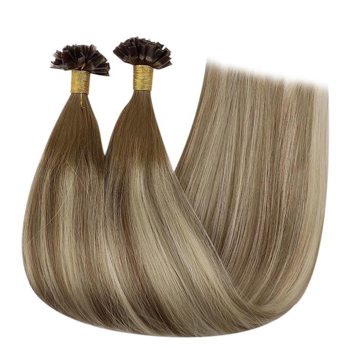 Full Shine K Tip Hair Extensions Real Human Hair 20 Inch 50 Grams Dark Brown Fading to Ash Brown and Blonde Ktip Human Hair Extensions Fusion Extensions Soft Natural Hair