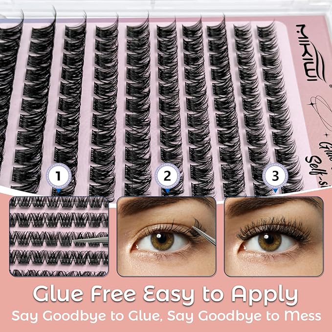 MIKIWI Self Adhesive Lash Clusters, No Glue Needed Wispy D-Curl Lash Clusters 10-16mm Pre Glued Eyelashes Clusters No Residue Self Adhesive Eyelashes