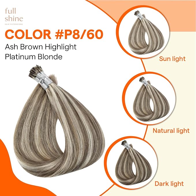 Full Shine Itip Human Hair Extensions 18 Inch 40 Grams Ash Brown Highlights Platinum Blonde I Tip Hair Extensions Human Hair Natural Straight Hair Pre Bonded Extensions